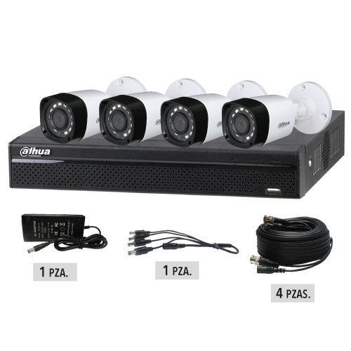 KIT4104X-HFW1000RN03 Kit 4ch 720P 4 Cámaras Bala 3.6mm IR 20m Hasta 10TB P2P Cámaras Plástico C/Caja Fábrica (KIT4104XHFW1RN03) - Image 1