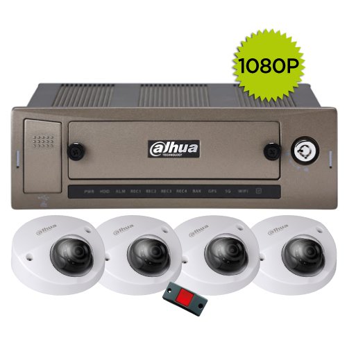 KTMOV-MCVR-4CBP Kit 4ch DVR movil GPS/3G/Wifi con 4 Cámaras Domo 1080P 3.6m IR 20m IK10 1 Botón de pánico (KTMOV-MCVR-4CBP) - Image 1